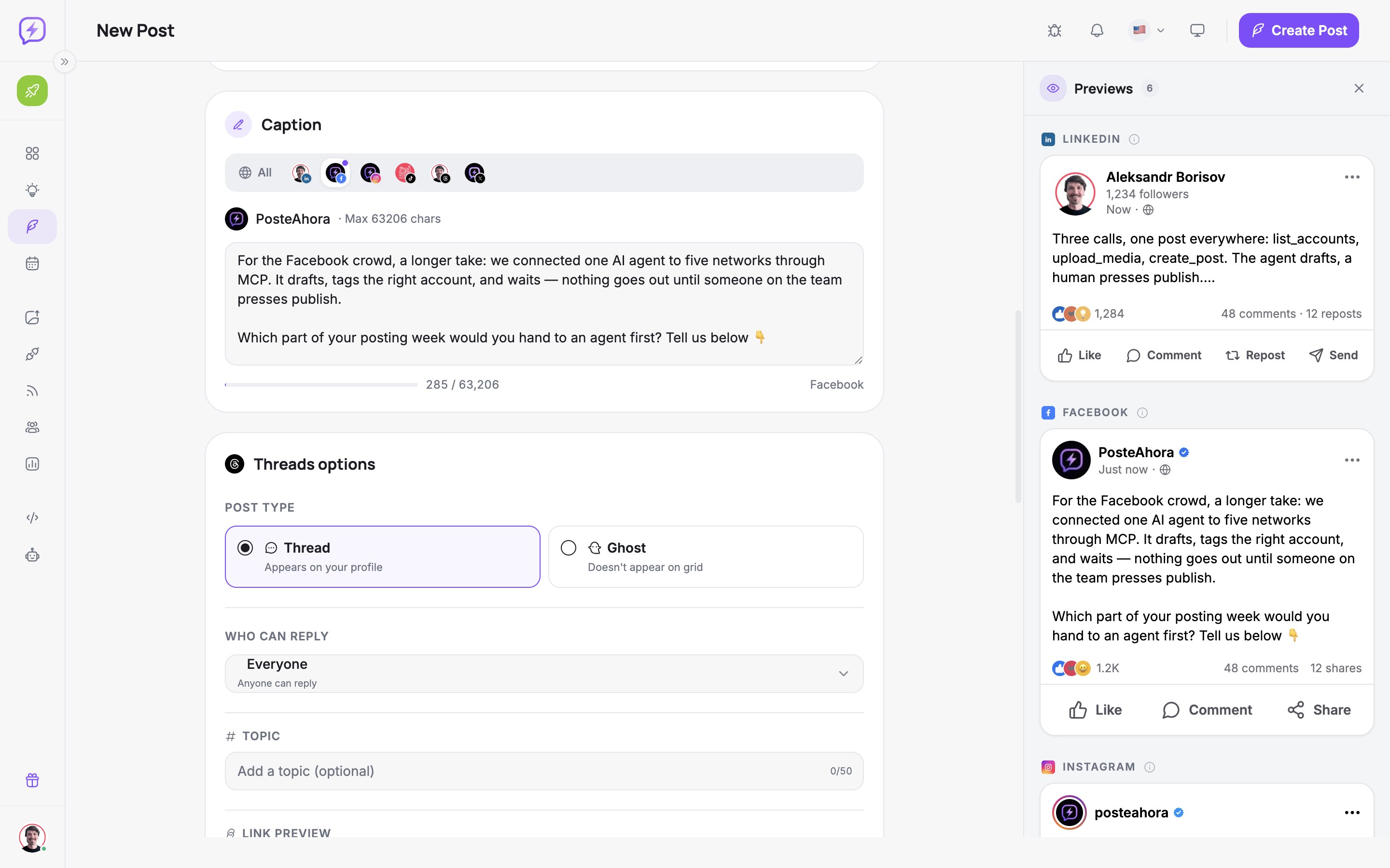 Editor da PosteAhora com abas de legenda por plataforma: a aba do Facebook selecionada mostra um texto próprio para aquele canal