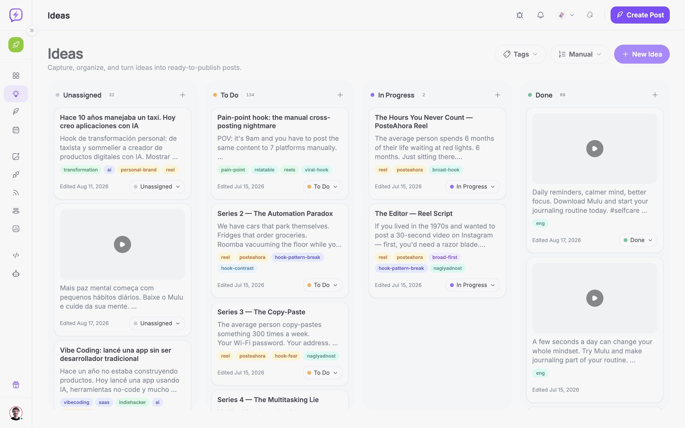 Quadro kanban de ideias na PosteAhora com colunas para conteúdo gerado, em revisão e aprovado