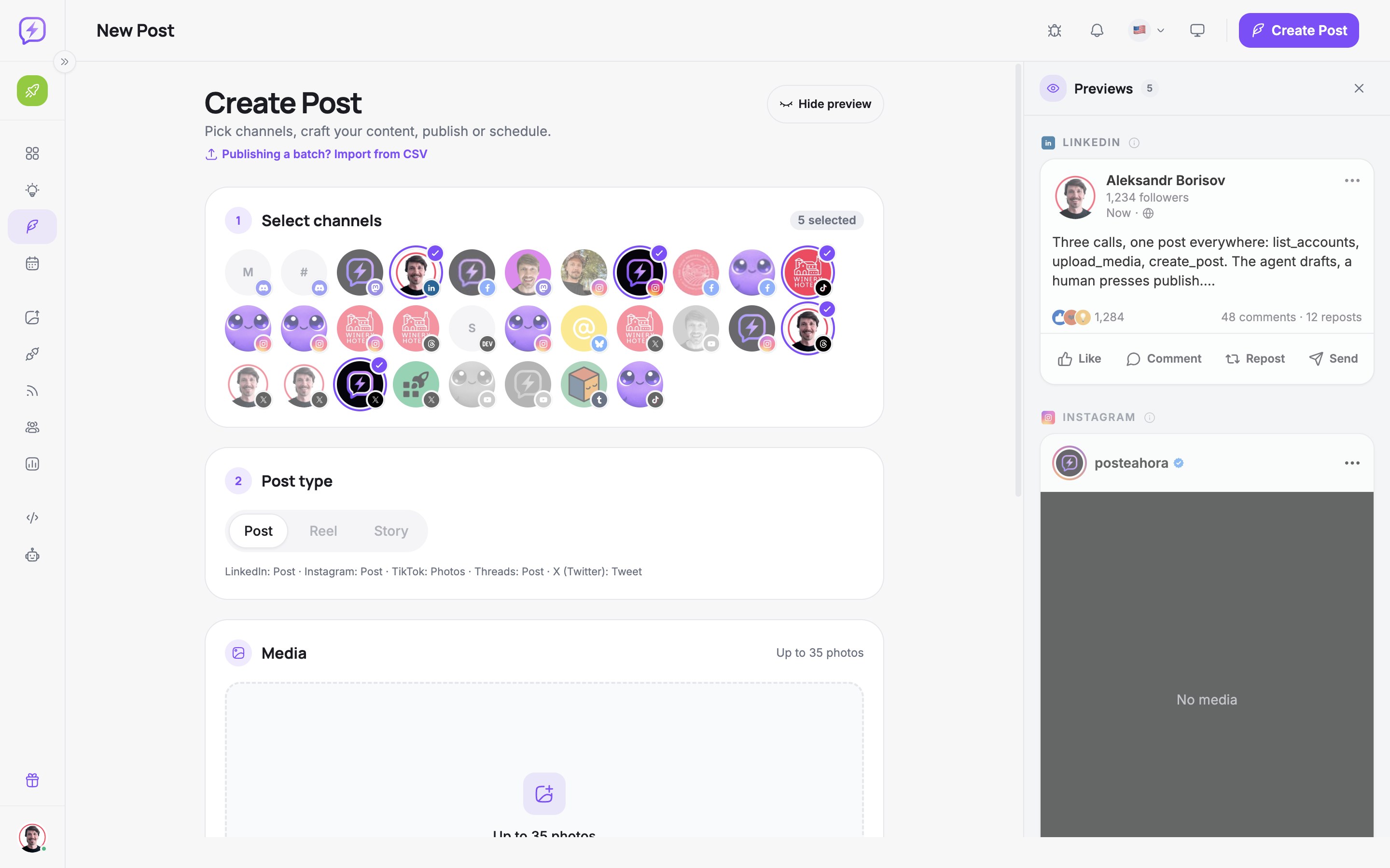 Um mesmo post selecionado para publicar no Instagram, TikTok, LinkedIn, X e Threads ao mesmo tempo pela PosteAhora
