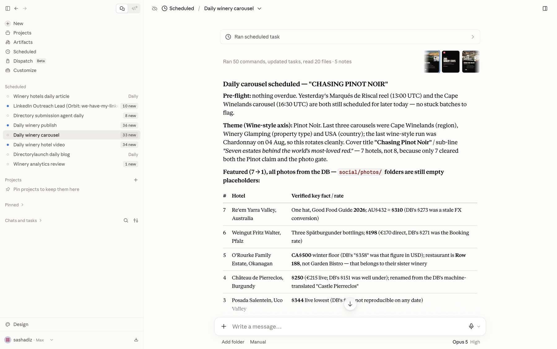 A scheduled Claude task named "Daily winery carousel" that built the day's carousel and verified each hotel's details before scheduling it
