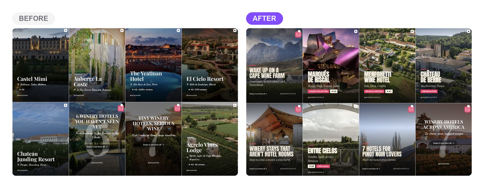 The @wineryhotels Instagram profile grid before and after: eight posts in unrelated styles versus eight sharing one visual system