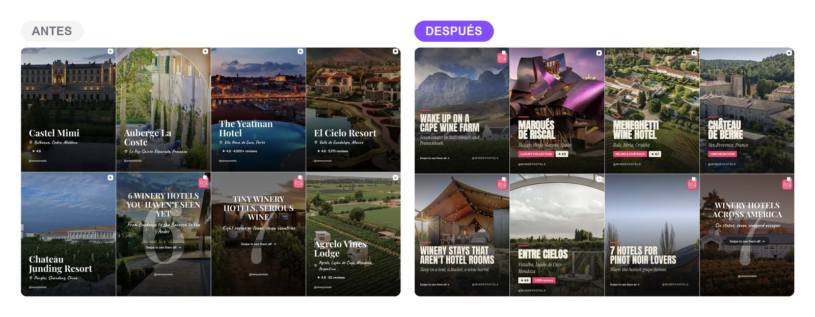 Grid del perfil de Instagram @wineryhotels antes y después: ocho publicaciones con estilos distintos frente a ocho con el mismo sistema visual