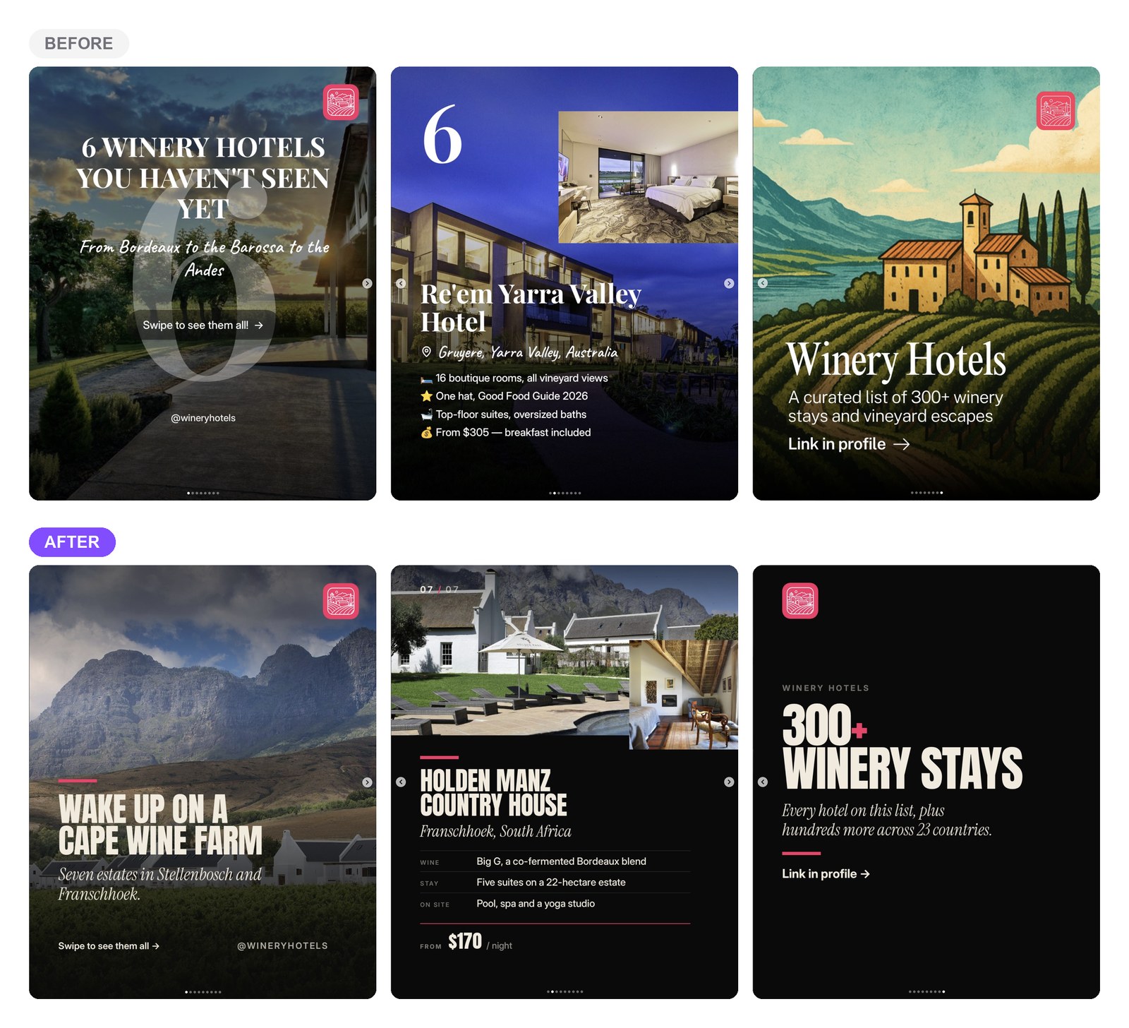 Before and after comparison of three @wineryhotels Instagram slides: the hand-made versions on top, the Claude Skill versions below, with one typeface and a fixed colour accent
