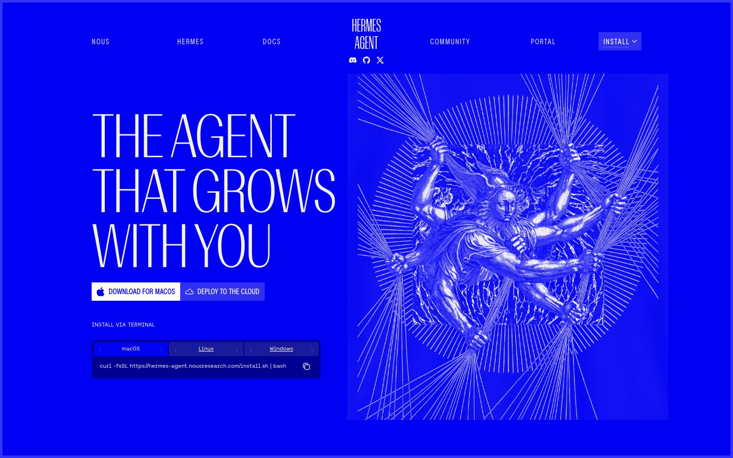 Hermes Agent homepage: 'the agent that grows with you', an open-source self-improving AI agent from Nous Research