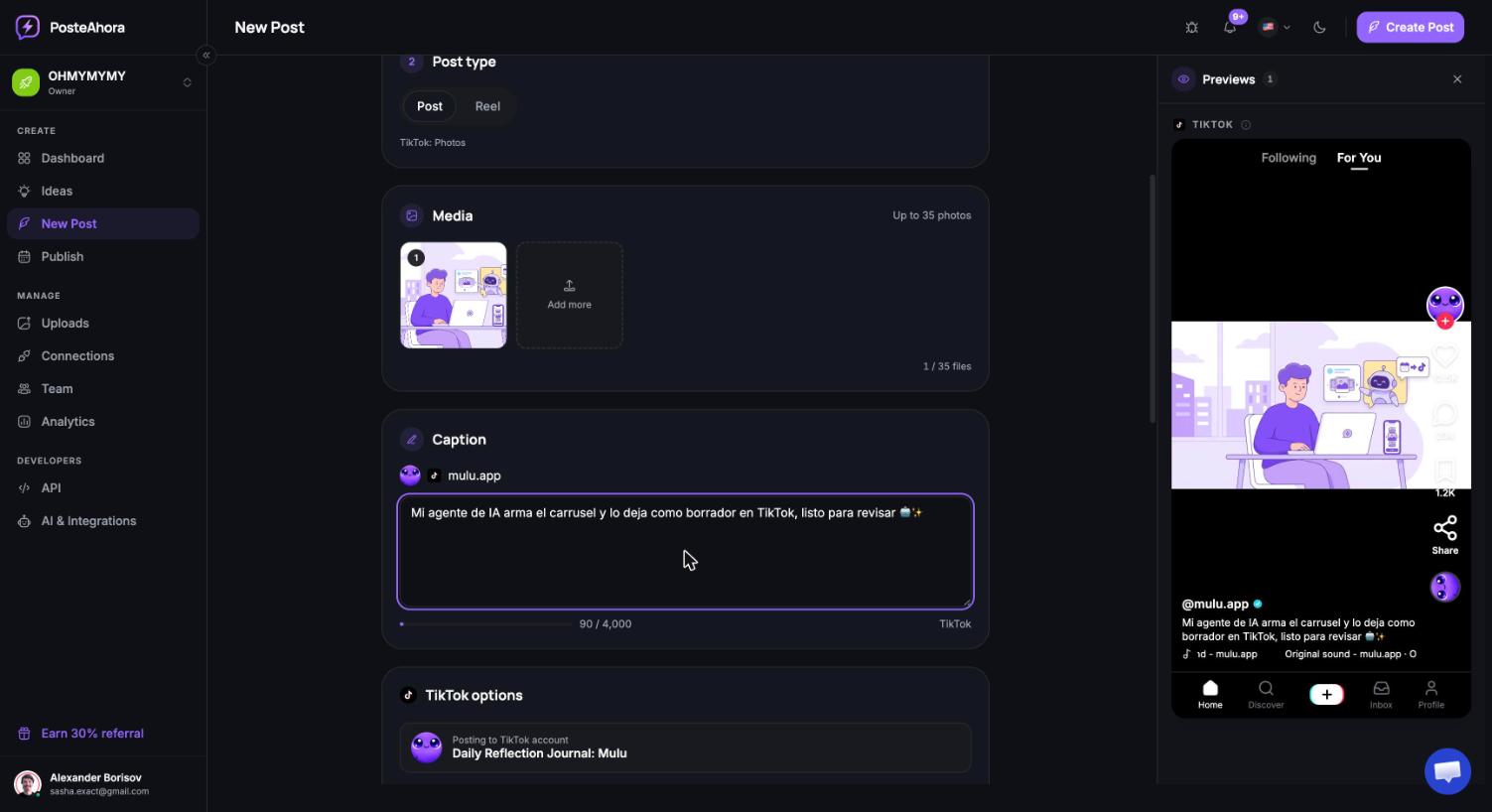 PosteAhora's composer with a TikTok account selected and the native carousel preview