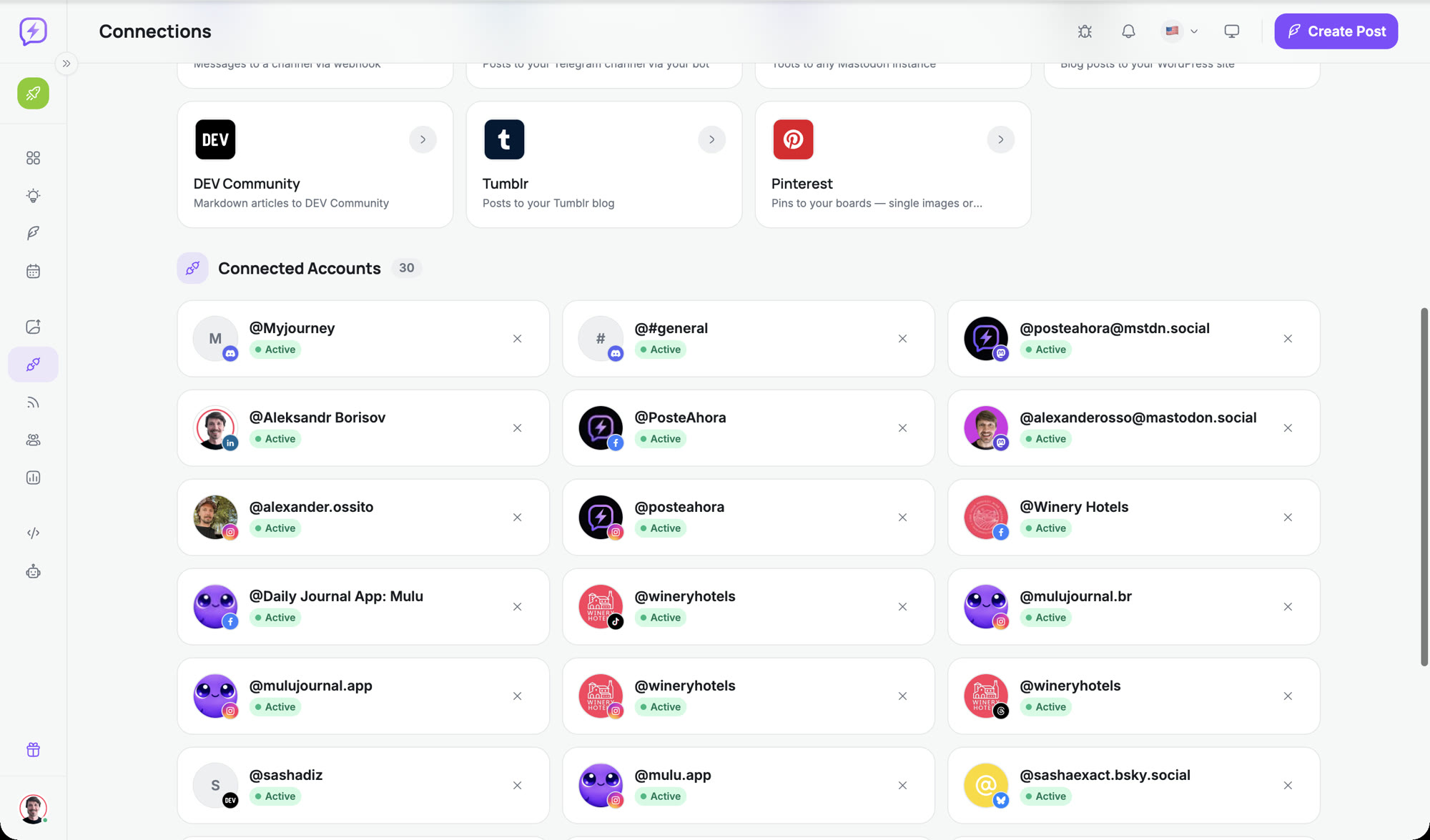 Connecting accounts in PosteAhora: TikTok, Instagram, YouTube and the rest of the platforms ready for the agent
