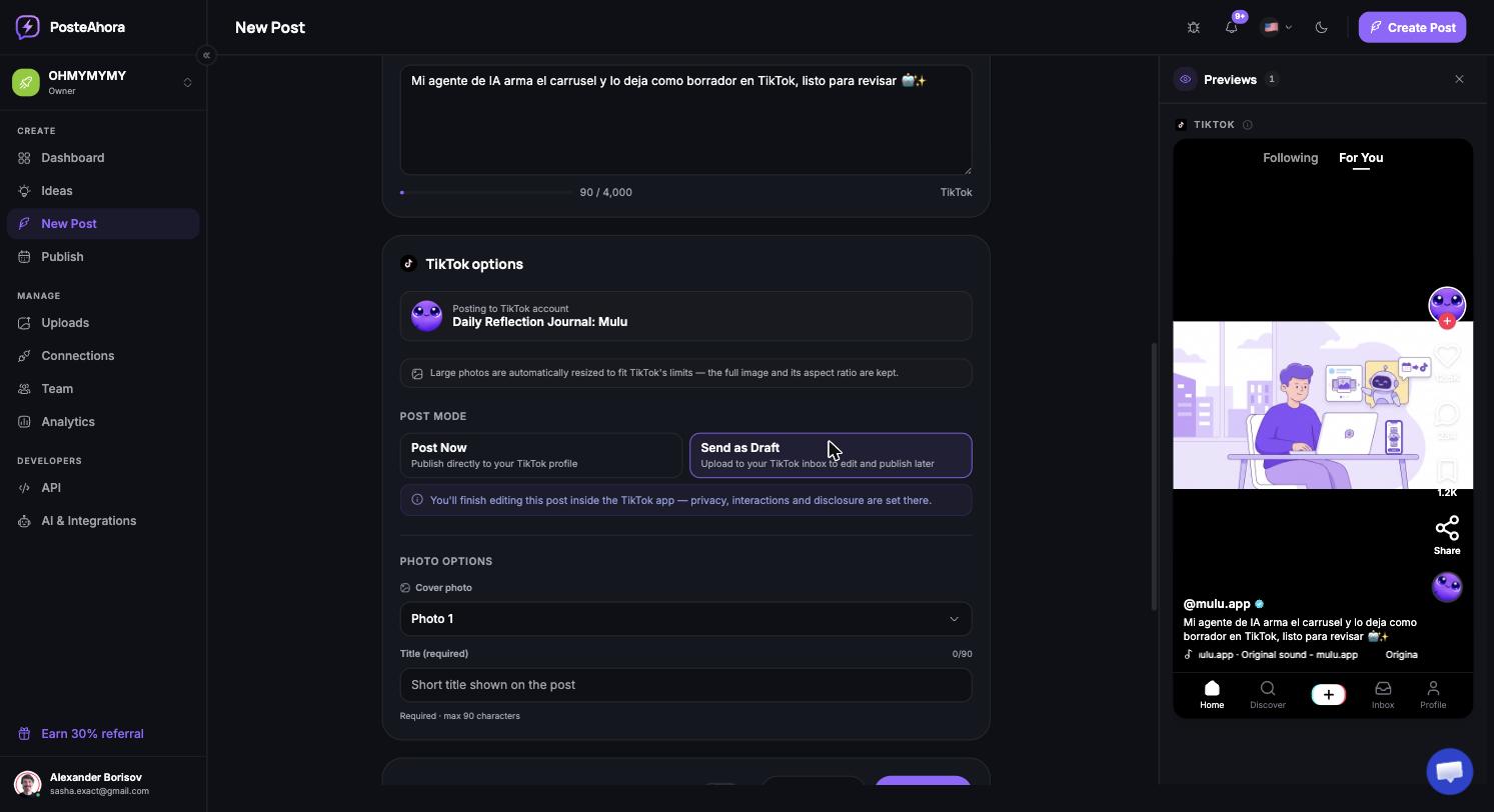 PosteAhora's "Send as Draft" option: the post lands in the TikTok inbox waiting for human review