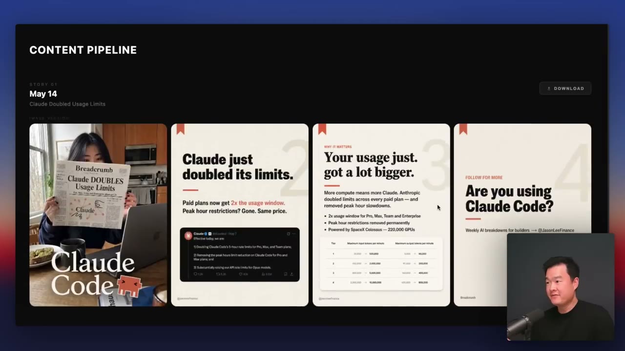 The finished 4-slide carousel: hook photo, headline slide, "why it matters" slide with the sourced screenshot, and a follow CTA
