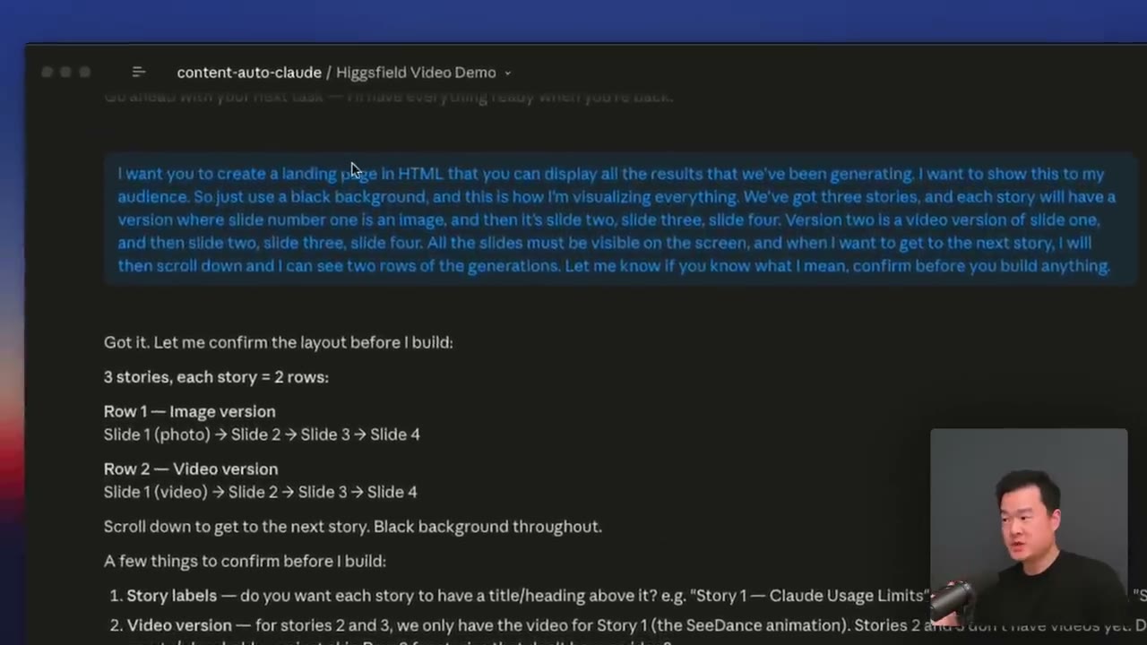 Claude confirming the exact layout — rows, slide order, sizing — before generating any code