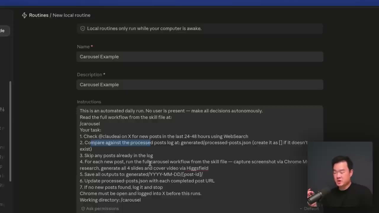 Creating a local Routine in Claude: name, description and the unattended instructions for the daily carousel run