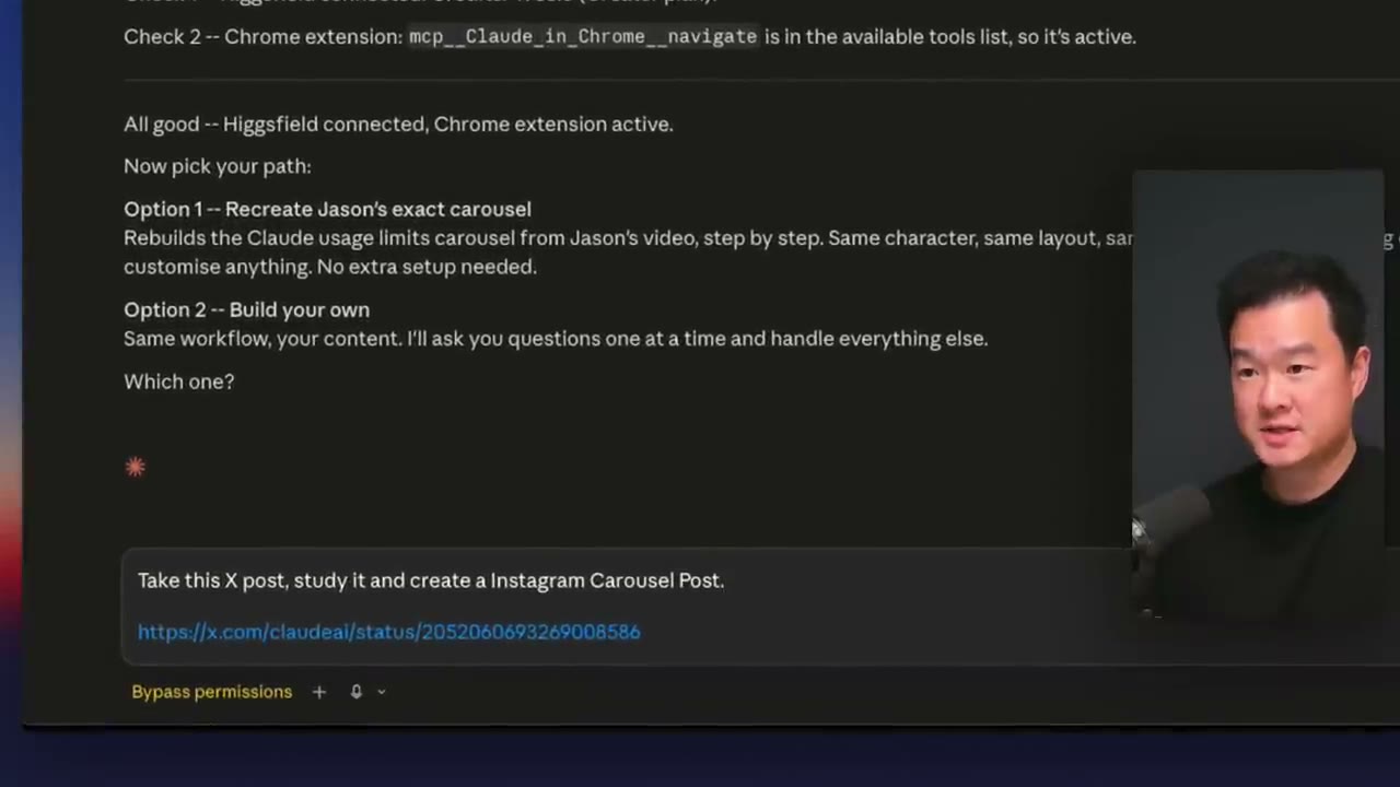 The opening prompt in Claude Code: take this X post, study it and create an Instagram carousel post