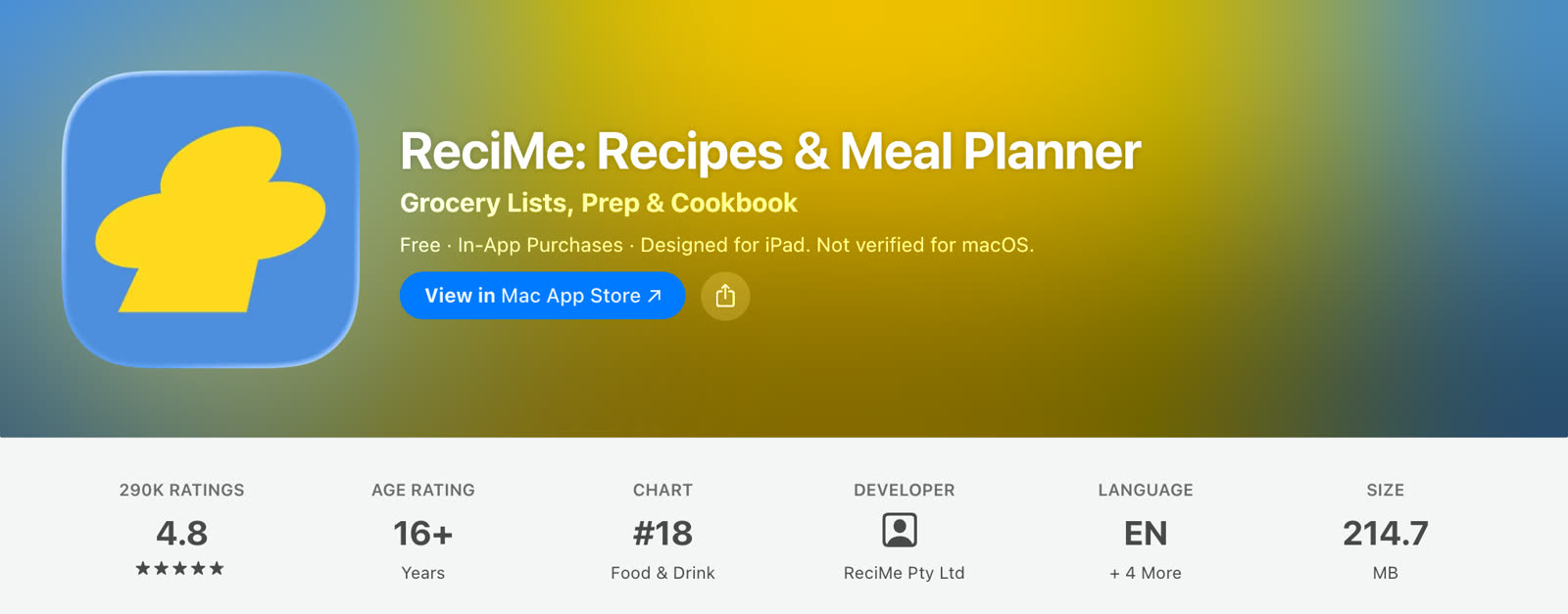 A página do ReciMe na App Store dos EUA em 12 de setembro de 2026: 290 mil avaliações, 4,8 estrelas, #18 em Comida e bebida