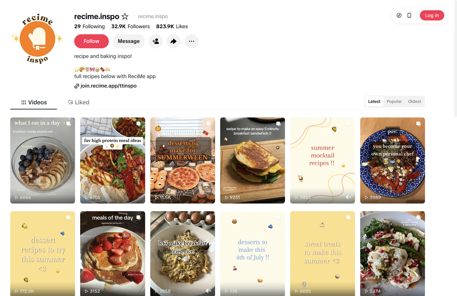 O perfil @recime.inspo no TikTok em 12 de setembro de 2026: 32,9 mil seguidores, 823,9 mil curtidas, um link na bio para join.recime.app/ttinspo e uma grade de posts de ideias de receitas com texto sobre foto