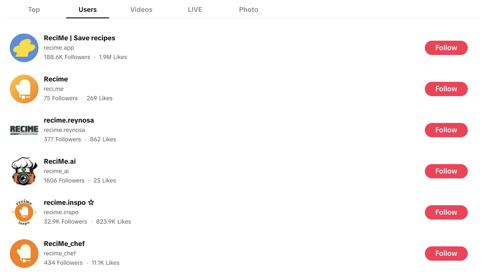 Busca de usuários no TikTok por "recime" em 12 de setembro de 2026, mostrando quatro contas com a marca ReciMe: recime.app com 188,6 mil seguidores, recime.inspo com 32,9 mil, recime_chef com 434 e reci.me com 75