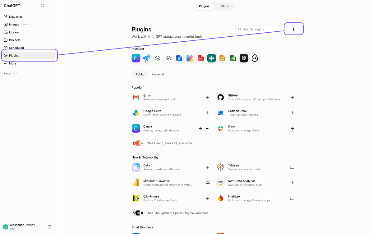 Open Plugins and click +