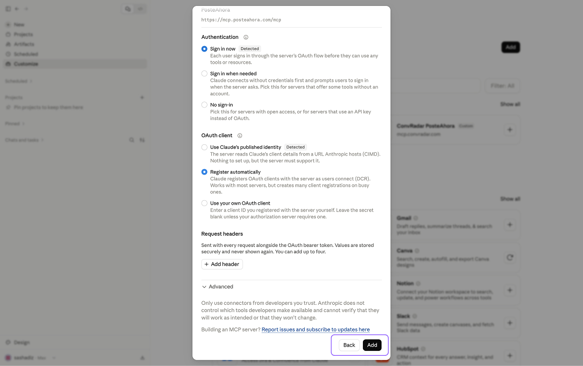 Keep the detected sign-in and click Add